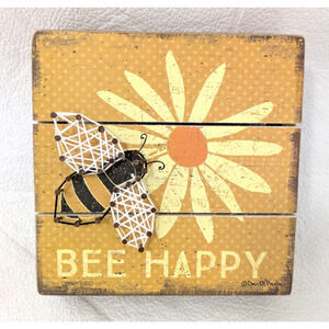 Bee Happy Wooden Frame String Art Slat Box Shelf Sign 6" X 6" Home Decor